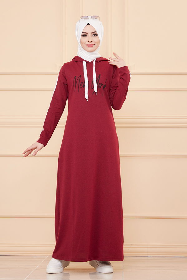 Kapşonlu Baskılı Elbise Bordo - 3395 BORDO