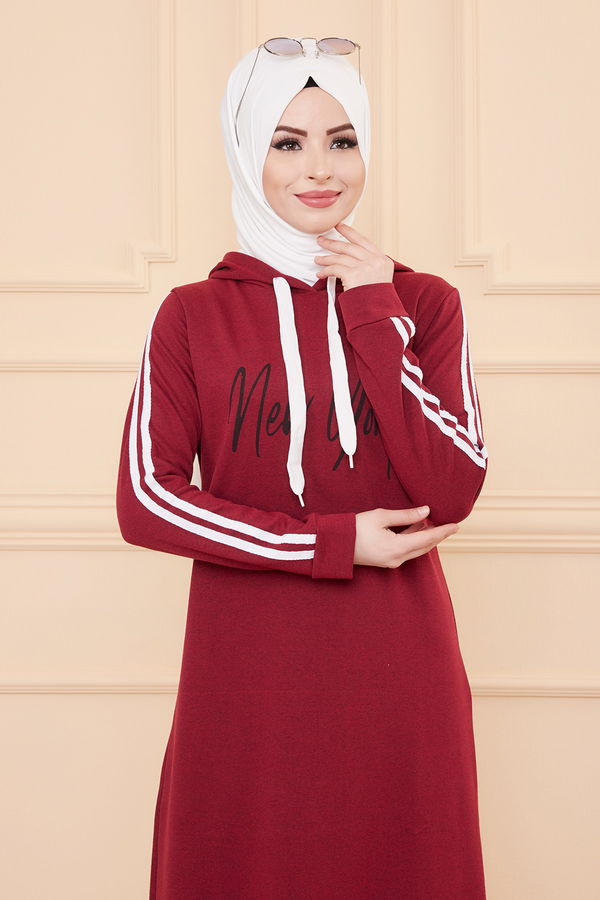 Kapşonlu Baskılı Elbise Bordo - 3395 BORDO