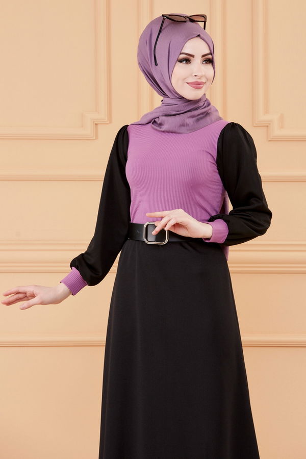 Garnılı Elbıse Mor - 3508 MOR