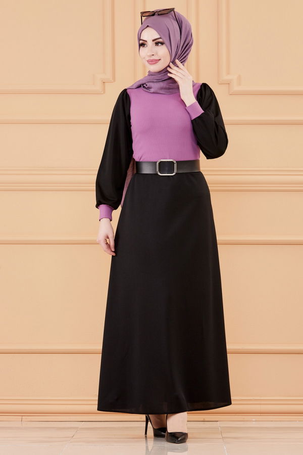 Garnılı Elbıse Mor - 3508 MOR