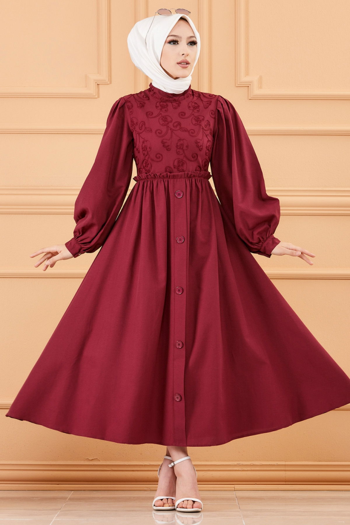 DESENLI ELBISE Bordo - 20163