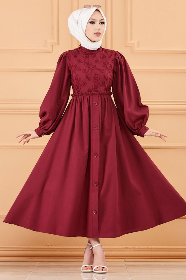 DESENLI ELBISE Bordo - 20163