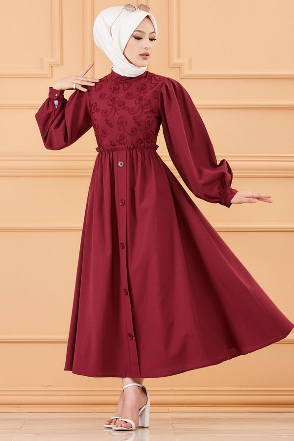DESENLI ELBISE Bordo - 20163