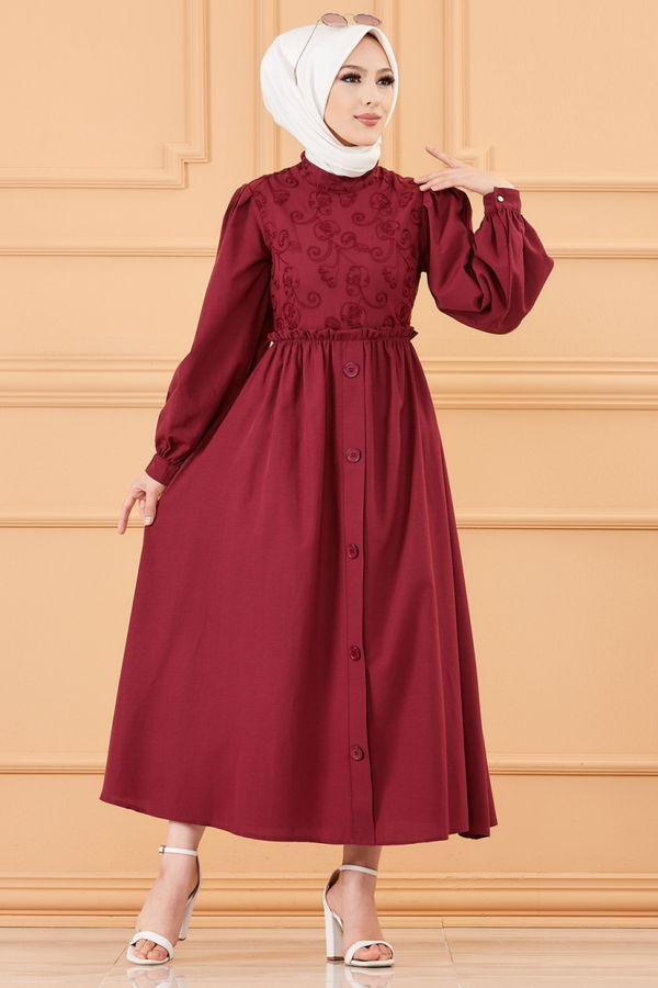 DESENLI ELBISE Bordo - 20163