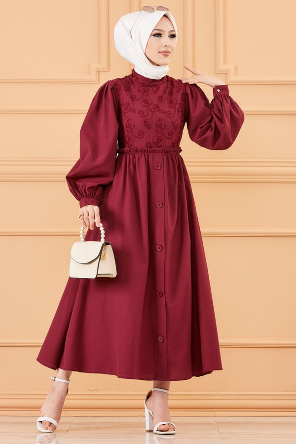 DESENLI ELBISE Bordo - 20163