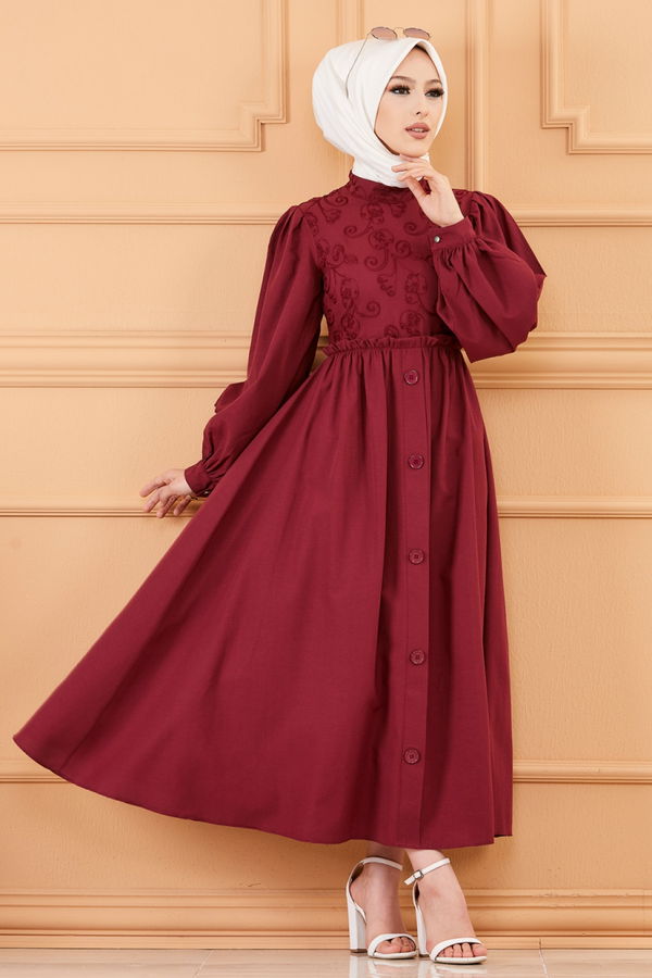 DESENLI ELBISE Bordo - 20163