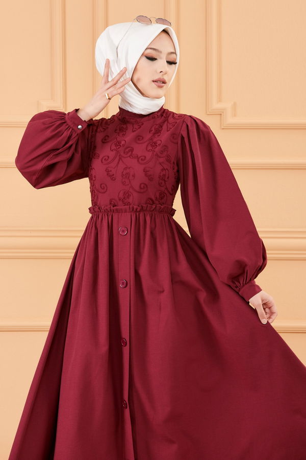 DESENLI ELBISE Bordo - 20163