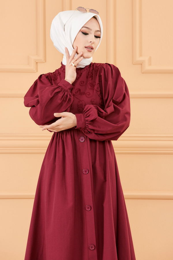 DESENLI ELBISE Bordo - 20163