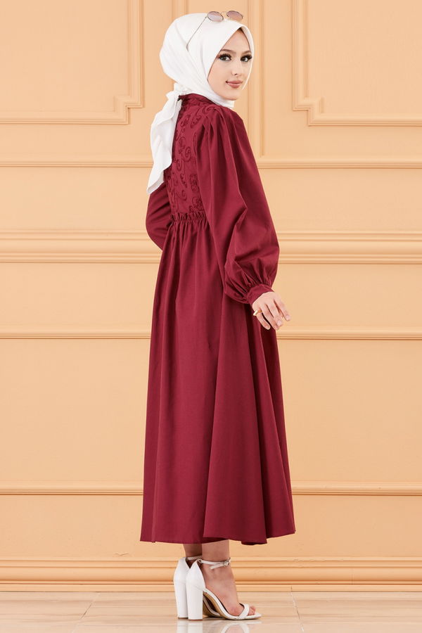 DESENLI ELBISE Bordo - 20163