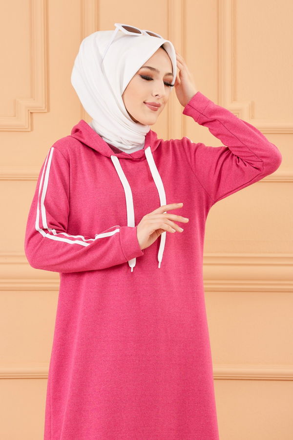 Şeritli Elbise Fuşya - 3227 FUŞYA