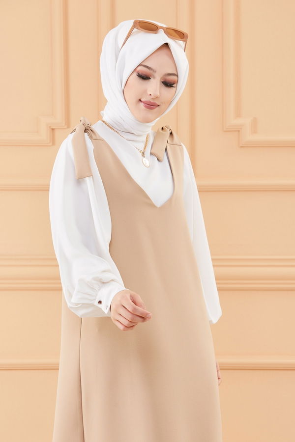 Omuzdan Baglamalı Elbıse KREM - 20522 Bej - 20522