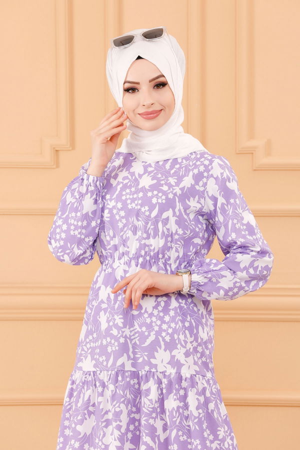 DESENLI ELBISE Lila - 3715 LİLA