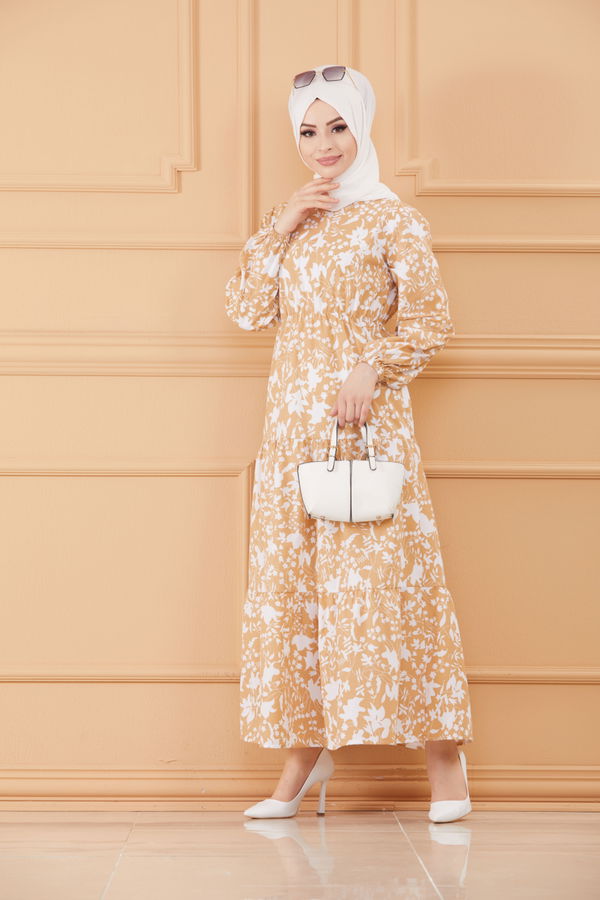 DESENLI ELBISE Bej - 3715