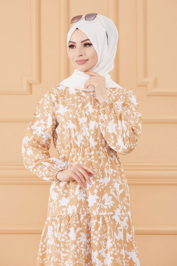 DESENLI ELBISE Bej - 3715