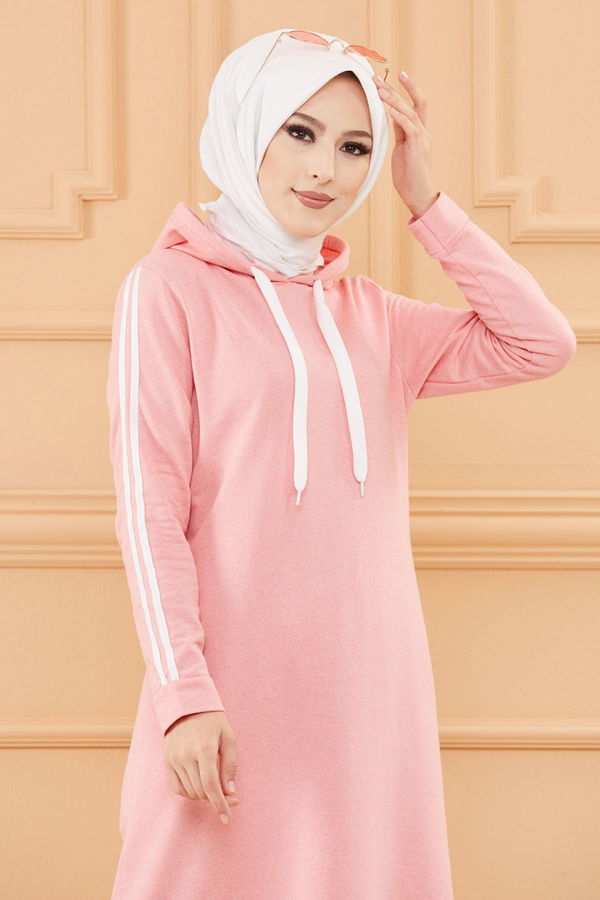 Şeritli Elbise Pembe - 3227