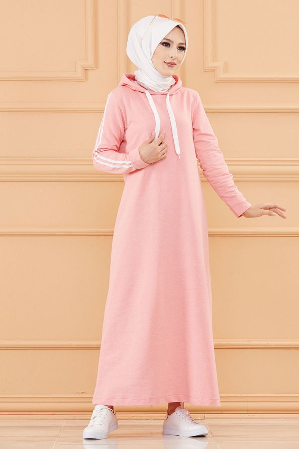 Şeritli Elbise Pembe - 3227