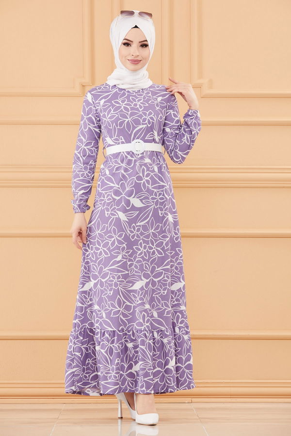 KEMERLI ELBISE Lila - 20644 LİLA