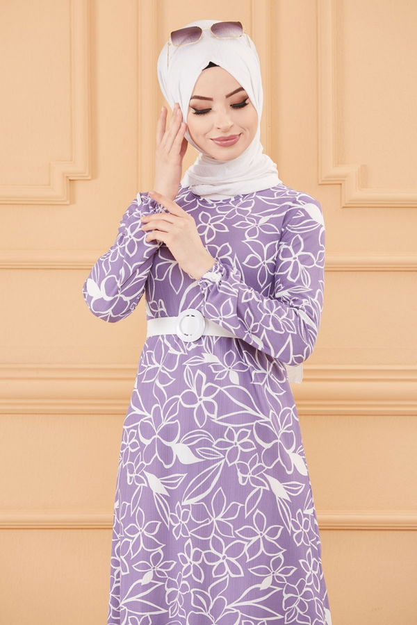 KEMERLI ELBISE Lila - 20644 LİLA