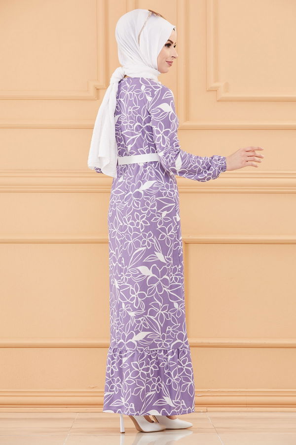 KEMERLI ELBISE Lila - 20644 LİLA
