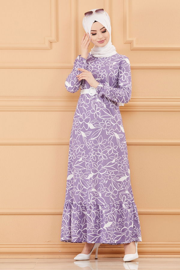 KEMERLI ELBISE Lila - 20644 LİLA