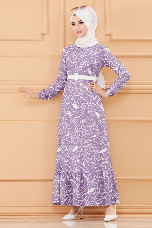 KEMERLI ELBISE Lila - 20644 LİLA