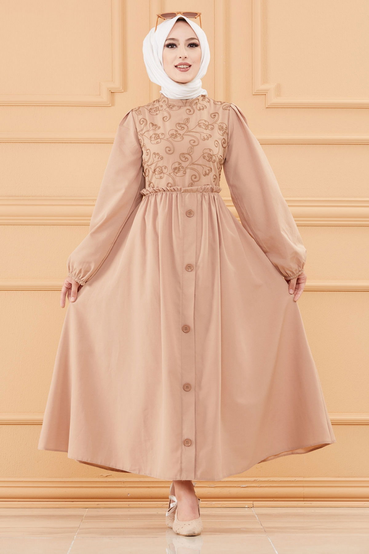 DESENLI ELBISE Bej - 20163 BEJ