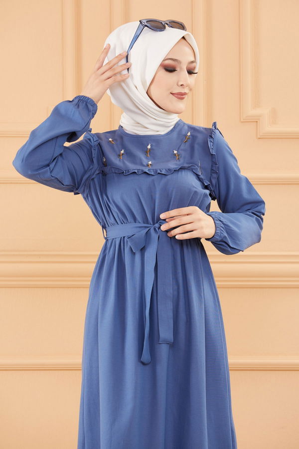 Nakışlı Elbise Mavi - 3674 MAVİ