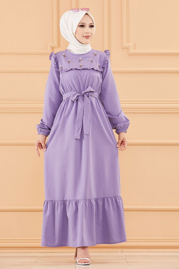Nakışlı Elbise Lila - 3674 LİLA
