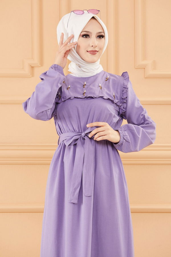 Nakışlı Elbise Lila - 3674 LİLA