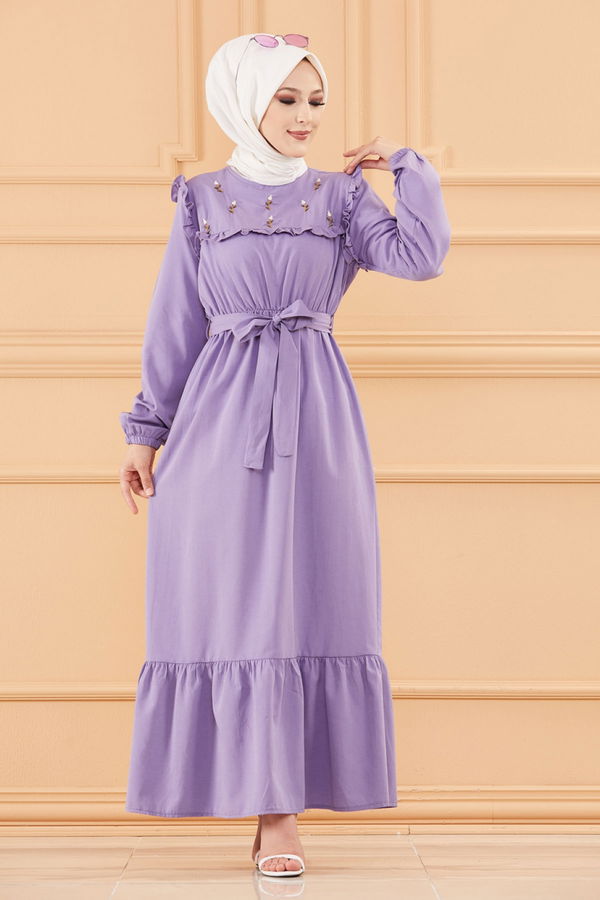 Nakışlı Elbise Lila - 3674 LİLA
