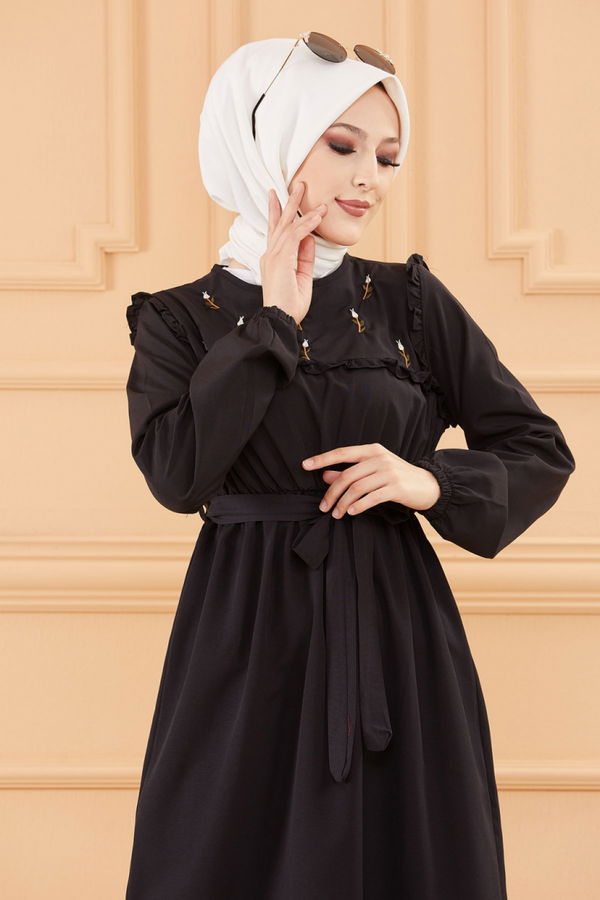 Nakışlı Elbise Siyah - 3674 SİYAH