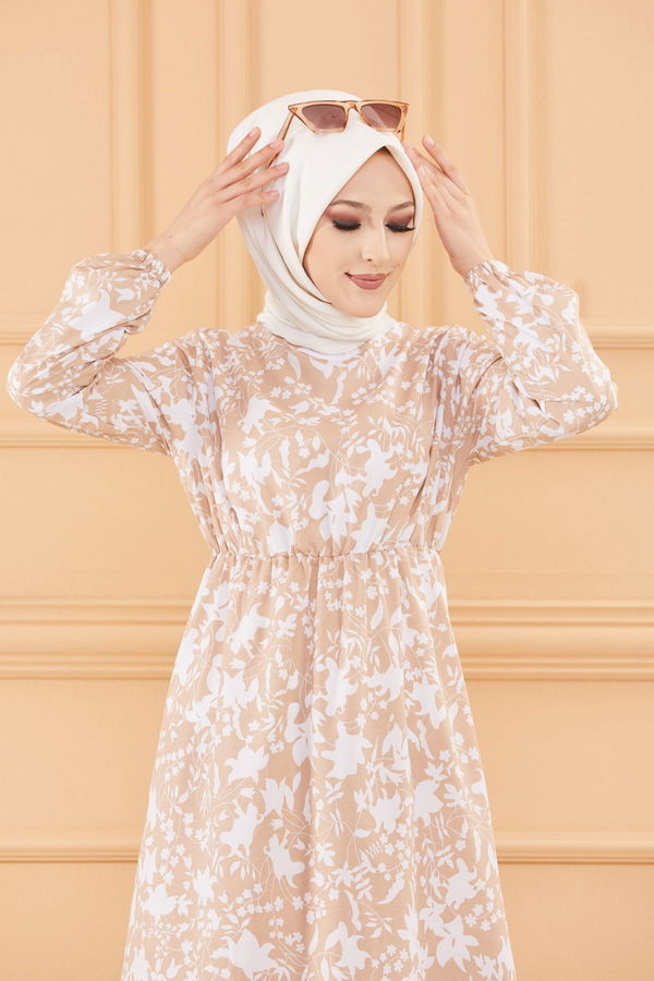 Desenli Elbise Bej - 3714 BEJ