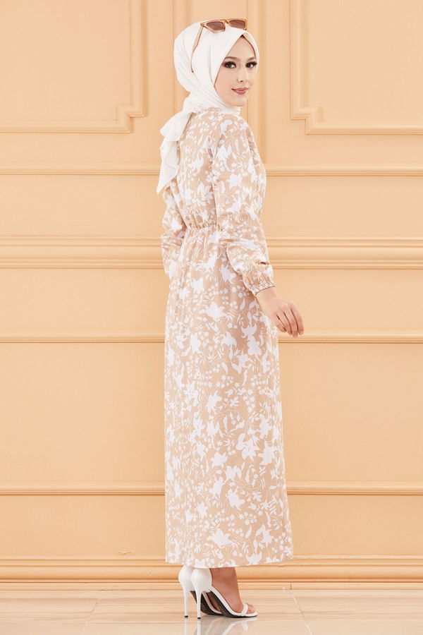 Desenli Elbise Bej - 3714 BEJ