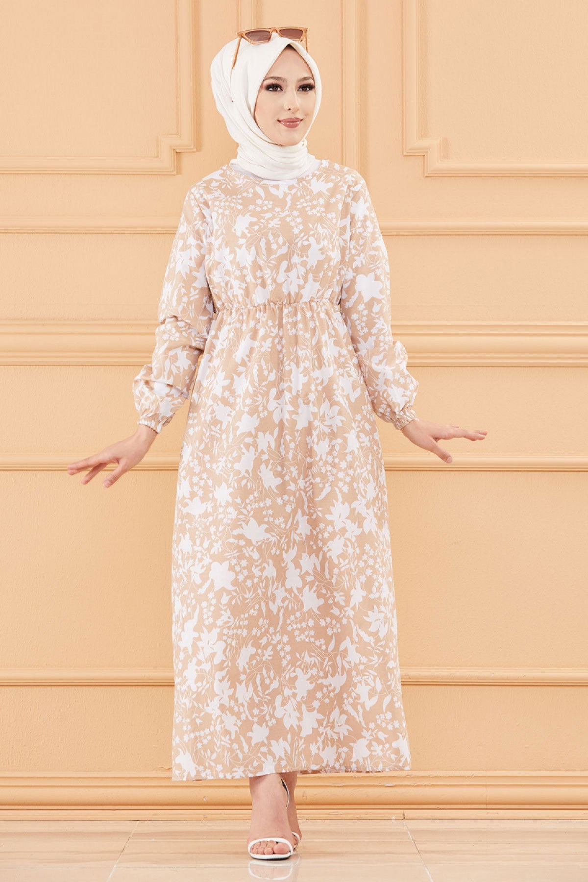 Desenli Elbise Bej - 3714 BEJ
