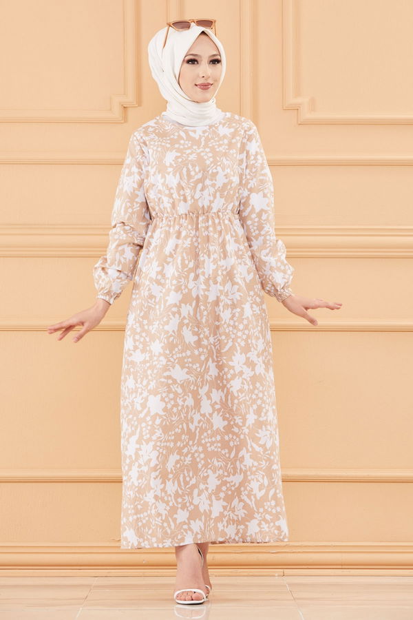 Desenli Elbise Bej - 3714 BEJ