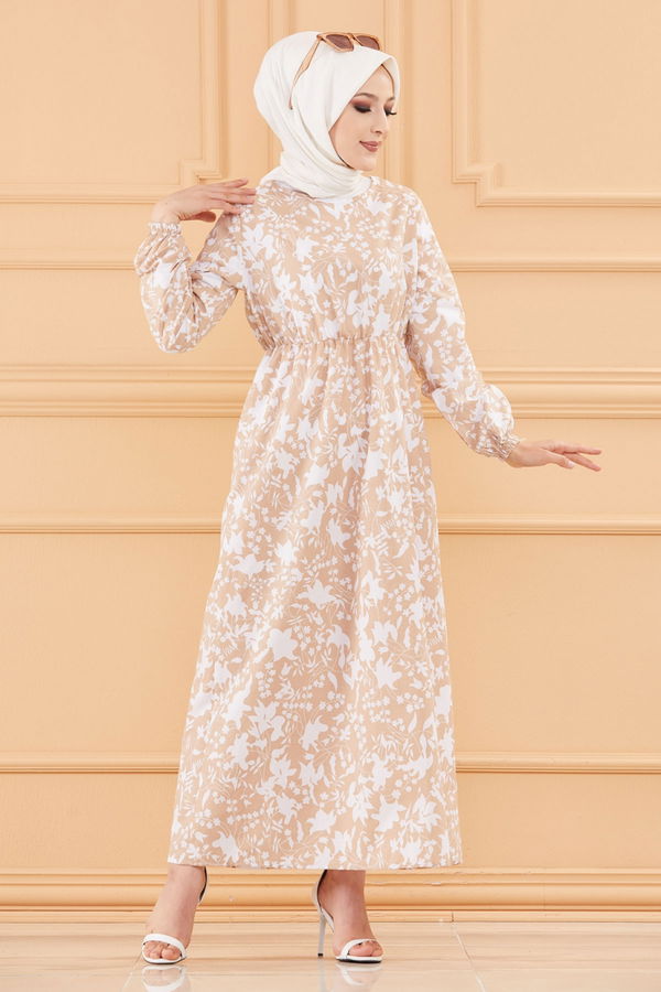 Desenli Elbise Bej - 3714 BEJ