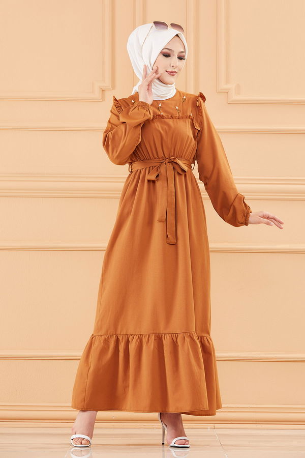 Nakışlı Elbise Taba - 3674 TABA