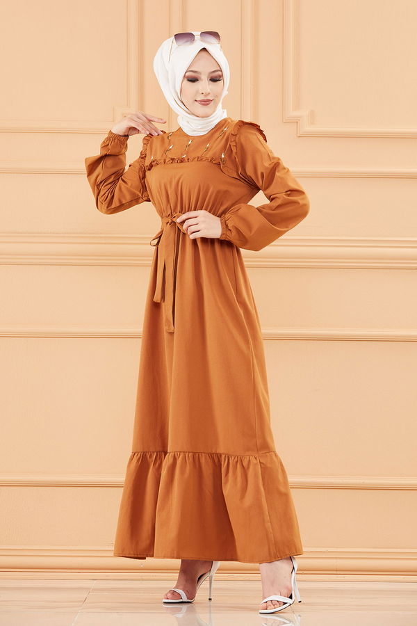 Nakışlı Elbise Taba - 3674 TABA