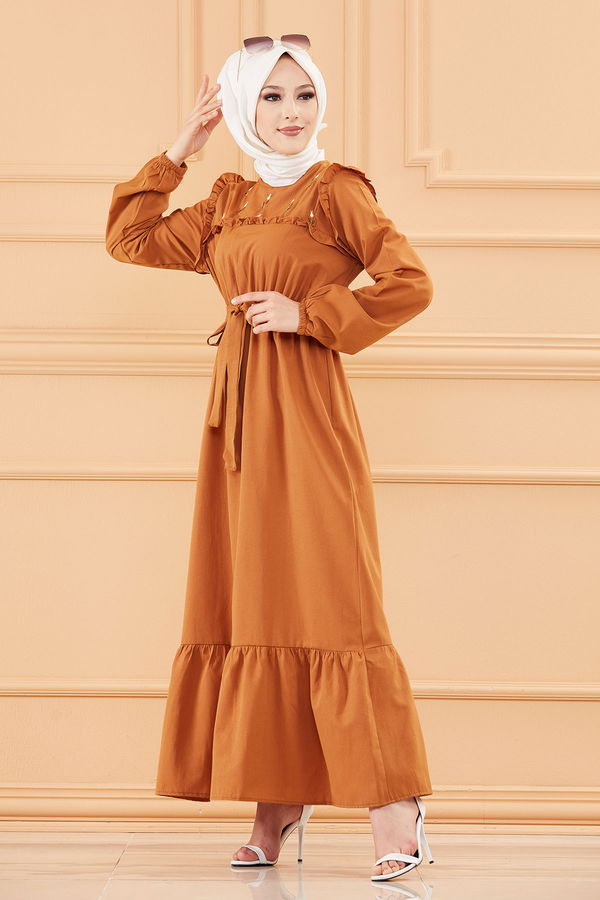 Nakışlı Elbise Taba - 3674 TABA