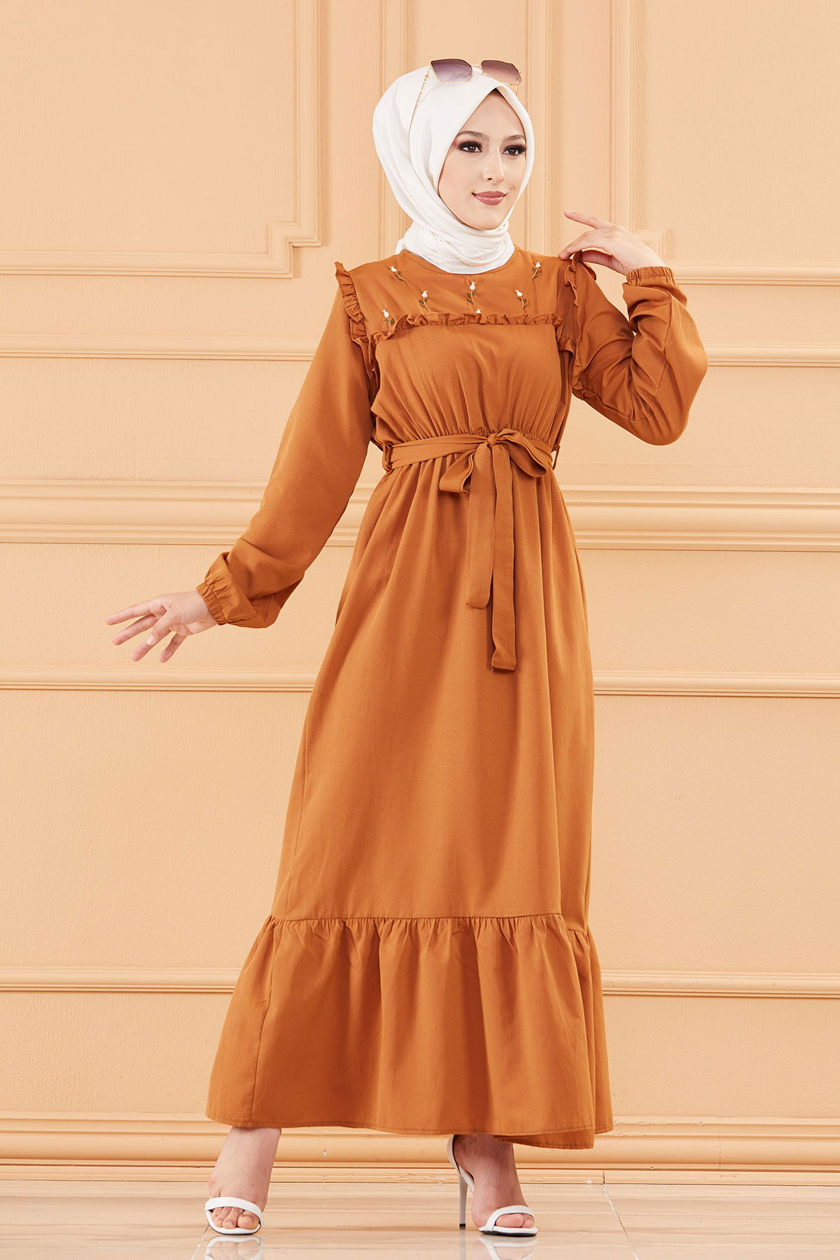 Nakışlı Elbise Taba - 3674 TABA