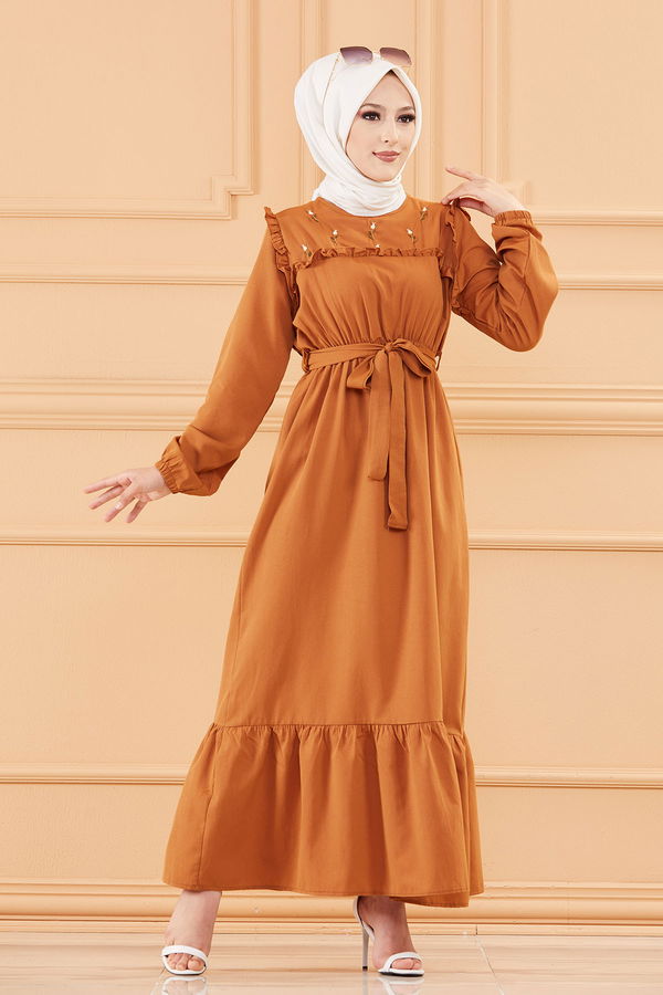 Nakışlı Elbise Taba - 3674 TABA