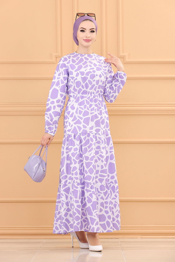 DESENLI ELBISE Lila - 3732 LİLA