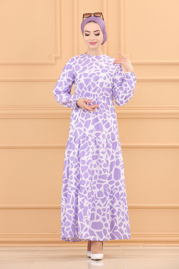 DESENLI ELBISE Lila - 3732 LİLA