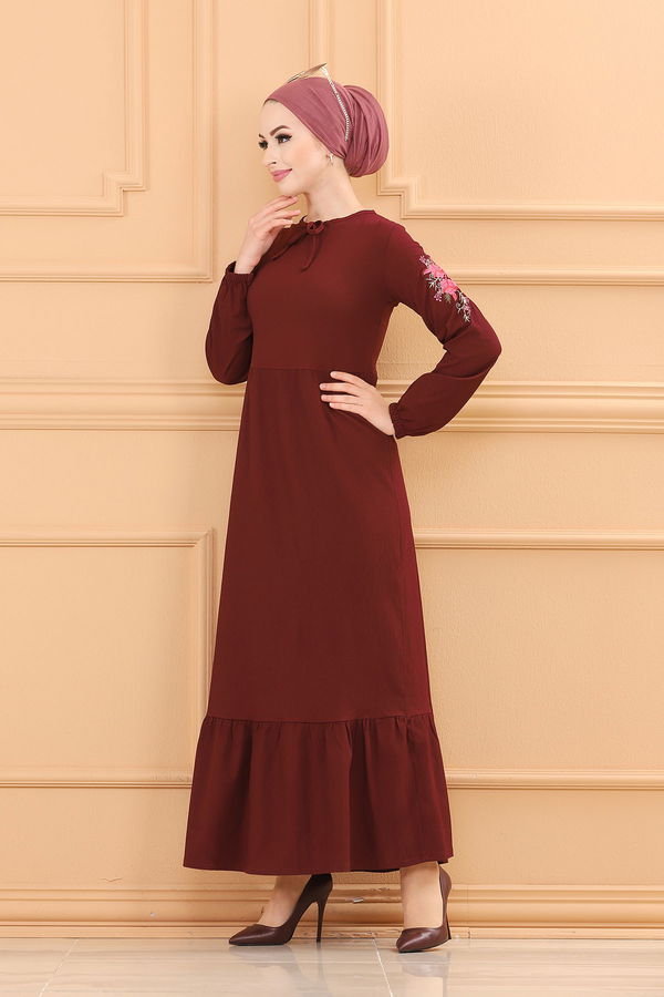 KOL NAKISLI ELBISE Bordo - 3596