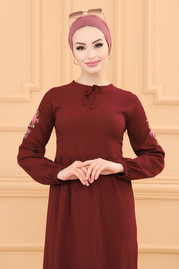 KOL NAKISLI ELBISE Bordo - 3596