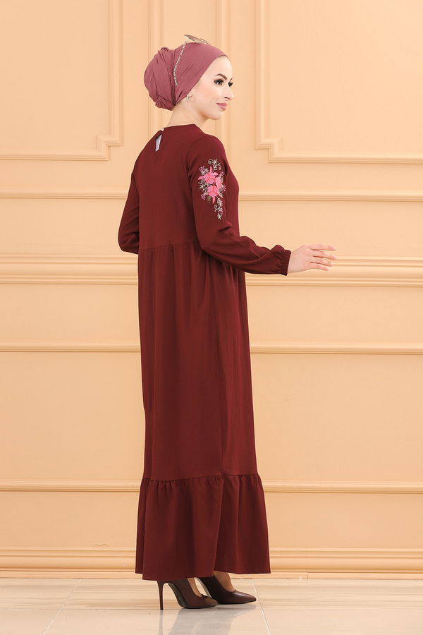 KOL NAKISLI ELBISE Bordo - 3596