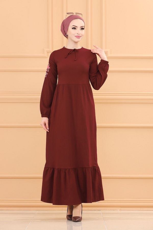 KOL NAKISLI ELBISE Bordo - 3596