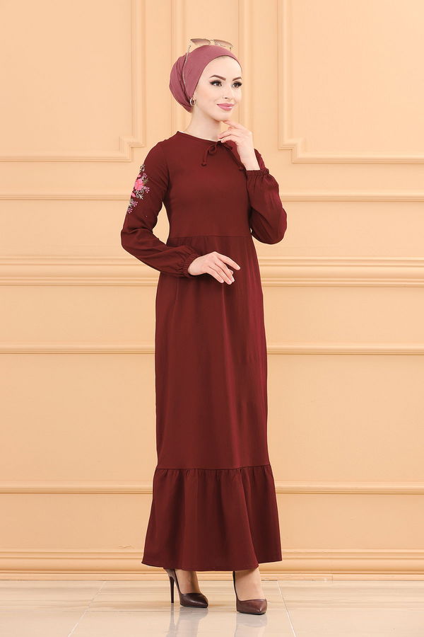 KOL NAKISLI ELBISE Bordo - 3596