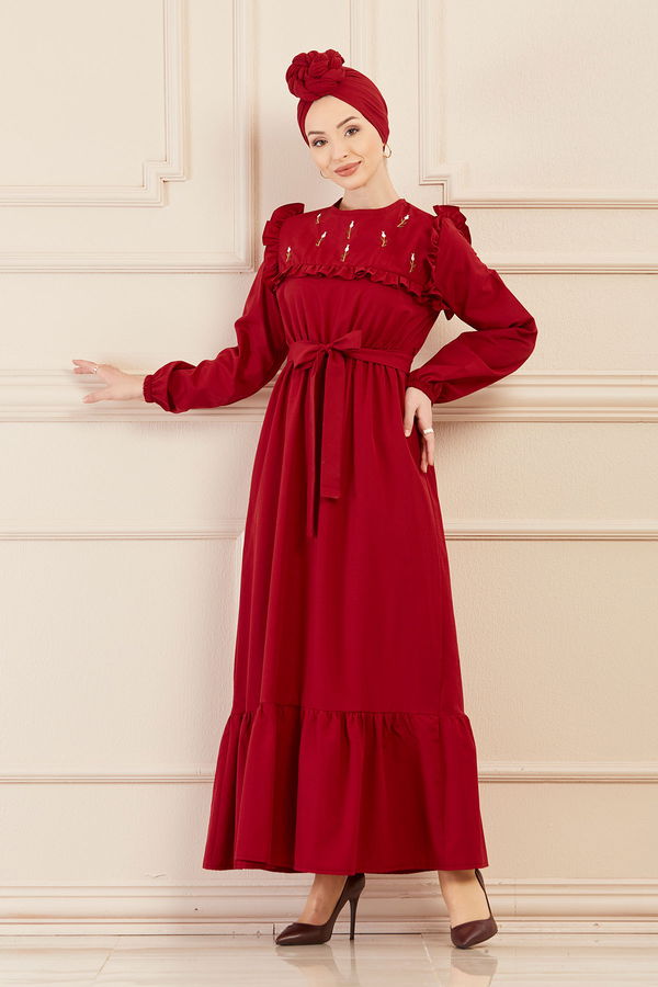 Nakışlı Elbise Bordo - 3674