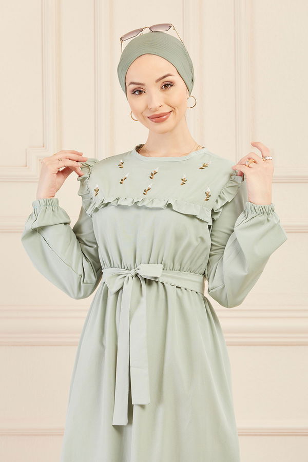 Nakışlı Elbise Yeşil - 3674 YEŞİL